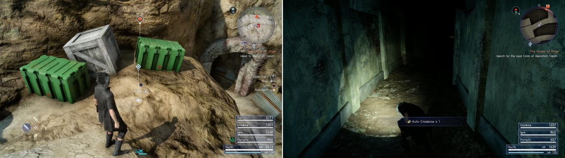 Grab the Bioblaster from outside the Keycatrich Trench dungeon (left). Inside the same dungeon youll find the Auto Crossbow (right).