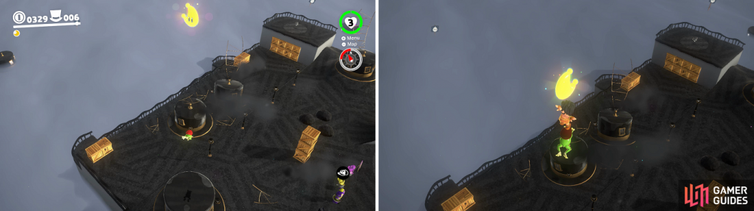 A normal jump with the frog wont be enough to get the moon above the hat (left). Shake your controller to perform a high jump to get it (right).