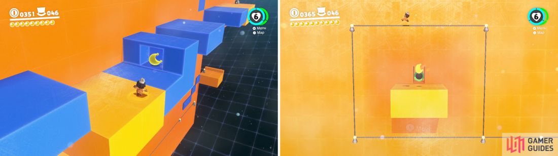 There is a moon hidden inside one of the moving blocks (left). You have to release the capture while above the moon at the end (right).