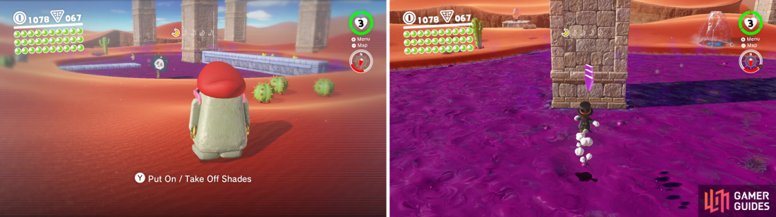 The Moe-Eyes ability to see hidden pathways (left) will make it easier to collect purple coins and moons on the island (right).