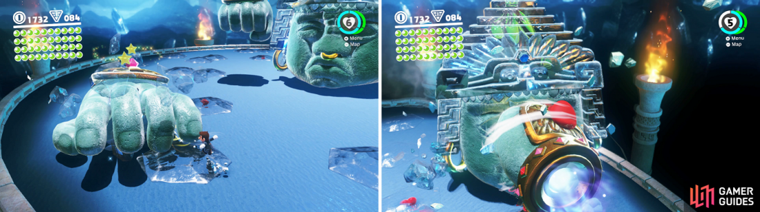 Stun a hand by having it slam into ice on the ground (left), then capture and personally deliver it to Knucklotecs face (right).