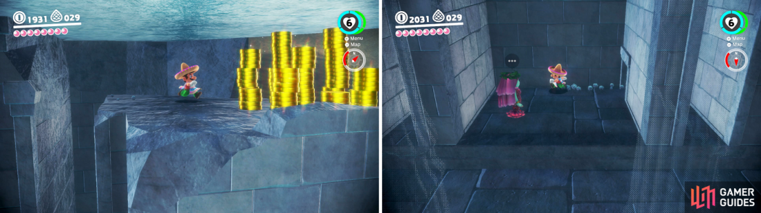 The back wall on the ground floor in the big dome hides a few things, like a bunch of gold coins (left) and even a NPC who hands over a Power Moon (right).