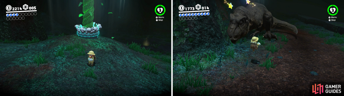 The big vines will bring you back to the surface (left). You need to have the T-Rex bump into something to be able to capture it (right).