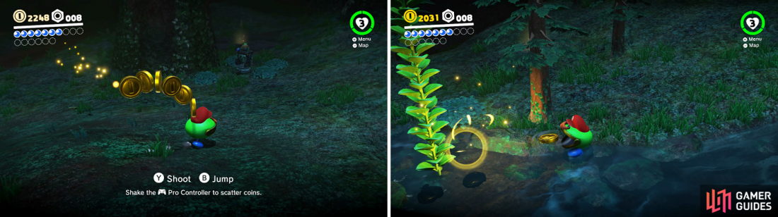 The Coin Coffer will cough up coins when you capture one (left). Continue spitting coins at the plant until you receive the Power Moon (right).