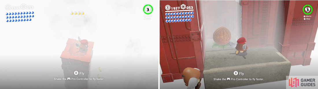 It will be hard to see in the fog, but coin trails will lead you to the final few shards (left). The extra moon is hidden in an alcove at the bottom of one of the platforms (right).