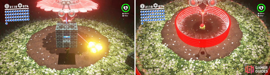 Make sure you hit the middle of the blocks to destroy them (left). Youll need to jump with the Uproot to clear the shockwave rings the boss sends out (right).