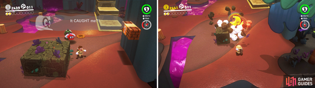 Trapeetles will catch Cappy if you throw him at them (left). Use their destructive nature to get a moon hidden in a stone block (right).