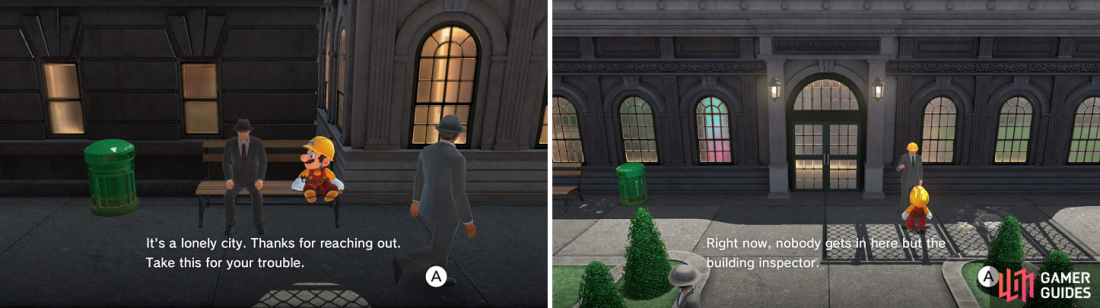 Sitting on the bench next to the lonely guy will reward you with a moon (left). Only an inspector can get into the building (right).