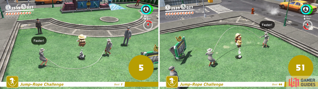 The pace will quicken after every five jumps (left) and youll have to adjust the height of your jumps once it reaches the maximum speed at 50 jumps (right).