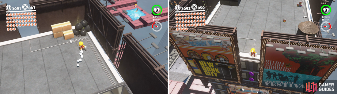 The garbage is hiding a Power Moon (left). Near the previous moon are two purple coins between two billboards (right).