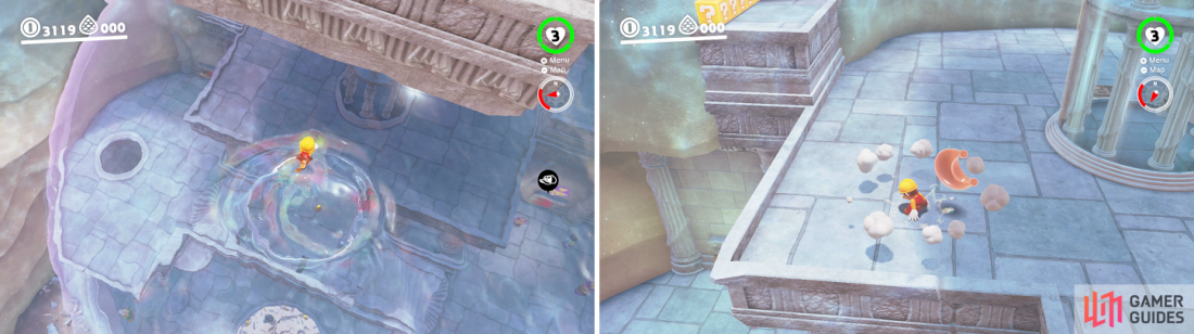 Drop into the large dome from the top (left) and pound the ground at the spot shown on the right to receive the art moon.