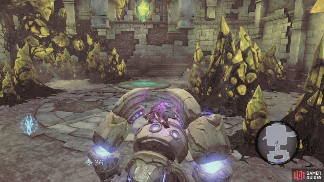 Make your way to the south of the room and ignore the golem for now. Allow Karn to toss you over the wall. Pull the switch there to lower the gate. Head back outside and activate the golem. Bring him in and destroy the yellow crystals. Exit into the room at the end.