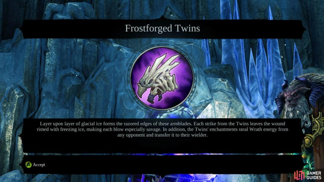 Return to Ostegoth, after a short scene you will get a message indicating he has sent you an item. Check the nearby serpent tome to see he has sent you a legendary secondary weapon – Frostforge Twins. Huzzah! Oh, you’ve also reached the end of the DLC, congratulations!