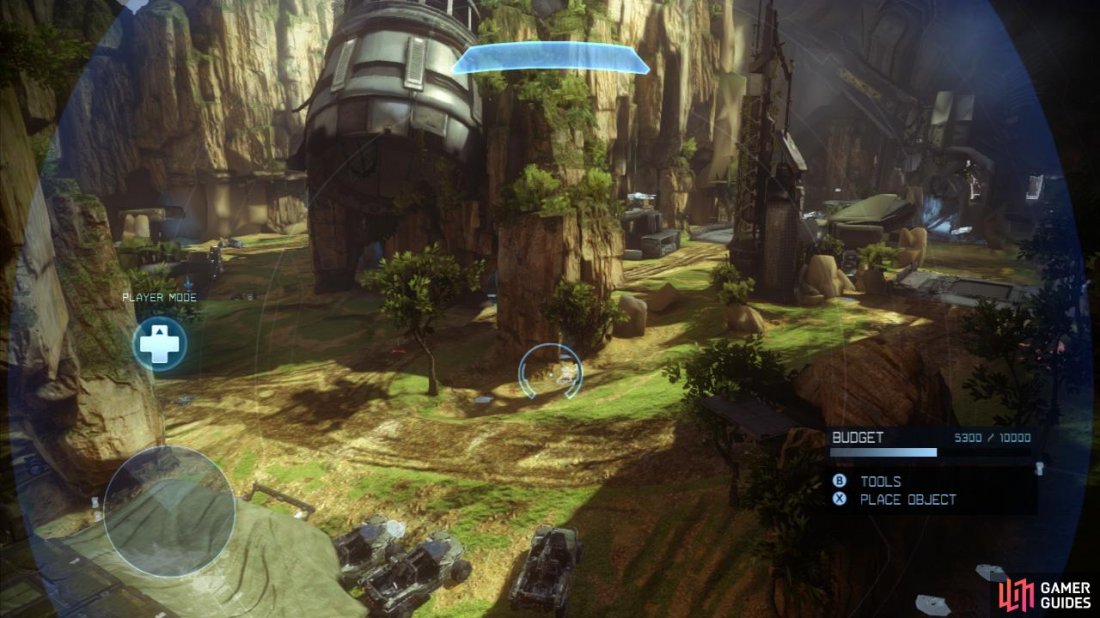 Exile is perhaps the largest map in Halo 4 and also one of the most enjoyable. It is based around the crashed star ship that still perches perilously atop the rocky cliffs around the edges of the area. The play area consists of a large central rocky structure with a few derelict buildings at its base and buildings caves of some description in all four directions away from the center.  The [Blue Base] is located in a large bunker nestled below a rocky cliff wall close to a large locked gate and across an open field from a turbine hanging off the rocky structure part of the center of the map. The inside of the base has a pair of floors, with the second floor having a passage out to a balcony area with a turret on it overlooking the open area below.  The [Red Base] is on the direct opposite side of the map from the [Blue Base]. It is smaller than the blue base and similarly features a lower and upper level. The bottom floor has a [Gold Lift] leading up to the second floor and the upper level has a turret overlooking the structures in the central region of the map.  The central area is essentially a giant doughnut with a road around the central region with a pair of bridges across trenches at different points around the ring. In front of the [Red Base] You’ll see a structure in front and to the left [Campsite], there is a tarpaulin on top and a tunnel below as well as a ramp leading up to the top of the structure. To the right of these is the large rocky outcrop that dominates the center of the map and built into this is a [Control Center].  Below this is a series of tunnels that allow infantry to progress from one side of the map to the other. From the control center, there is also a ramp [Connector] leading down to a trench beneath a bridge. From here we can see a cave to the left [Alcove] containing the Scorpion on some game types.  To the left and right of the [Alcove] are tunnels providing safe passage for non-vehicular combatants to traverse the side of the map.  From the [Campsite] there is a passage through a trench below another bridge around the central road leading to a structure built into the cliff face [Hangar] there is a banshee in here on some game types. In this same area, you will also find a series of caves that lead from the [Red Base] side to the [Blue Base] side of the map.  Between the [Blue Base] and the cave leading to the [Hanger] to the left you’ll find a jump pad [Valley lift] that will deposit you on a platform in the cave system housing the [Control Center]. Between the [Red Base] and the [Alcove] you will find another jump pad [Red Lift] which will deposit you at the entrance to the [Red base].  Either side of the [Hangar] building you will find rocky structures [Red Rocks] and [Blue Rocks] that will provide some cover for advancing ground forces from vehicle fire and some good sniping positions.  The tactically important areas are: [Blue Base], [Red Base], [Gold Lift], [campsite], [Control Center], [Connector], [Alcove], [Hangar], [Valley Lift] [Red Lift], [Red Rocks] and [Blue Rocks]