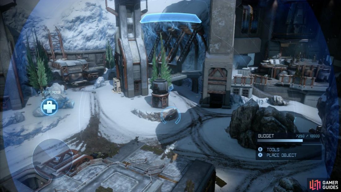 The Map is Symmetrical and like meltdown, the opposing ends of the map can be distinguished from one another by the colour of the ground. The side of the map occupied by the [Red Base] has snow covered ground, and the [Blue Base] has exposed dirt as the ground palette.  The center of Longbow is marked by the large central building [Facility] opposite a giant stone outcropping [Rock Wall]. Close to either side of the [Rock Wall] is a pair of buildings [Blue Garage] and [Red Garage]. Moving further out, at the far end of the areas on either side you will find buildings housing the [Red base] and the [Blue Base].  From either [Base], to the right, you will find a passage [Red/Blue Street] leading to the [Facility], slightly to the left of this, there is a bridge [Red/Blue Bridge] that also leads to the lower tier of the [Facility]. Between the [Streets] and the [Bridges] is a road [Trails] that goes down a slope, passing by the base of the [Facility] and joining up with the same [Trails] on the opposite side of the map.  The [Facility] itself is a large two-tiered structure. The lower tier joins up with the [Bridges] and [Streets] from either base as well as featuring entrances to caves [Red/Blue Caves] that empty out further down either of the [streets]. It also features an indoor area and a series of barricades with space in between overlooking the open [Trails] area below that is perfect for snipers. The top tier includes a platform overlooking the lower tier, an open door to a bunker area with ramps down to the indoor area on the lower tier and a spawn spot for some game type objectives.  The [Garages] on either side of the map house a number of vehicles for both sides and access through caves on either side both through the large [Rock Wall] in the center leading directly to the opposing teams’ garage and through the smaller rocky areas between the [Garages] and the [Bases] themselves.Behind the garages, along the water at the edge of the map is a sunken shoreline [Blue/Red Coast] that allows free movement for foot soldiers between a large portion of the map.  Directly opposite the main entrances to the [Garages], are small entrances at the base of the [Facility] you will see entrances with gravity lifts [Red/Blue Lifts] inside that allow access to the lower tier of the [Facility].  It should be noted that both [Bases] and [Garages] feature turret emplacements on their roofs and provide a clear field of fire over the open areas below.  The tactically important areas are: [Facility], [Trails], [Rock Wall], [Red Base], [Blue Base], [Red Street], [Blue Street], [Red Bridge], [Blue Bridge], [Red Cave], [Blue Cave], [Red Garage], [Blue Garage], [Blue Coast], and [Red Coast].