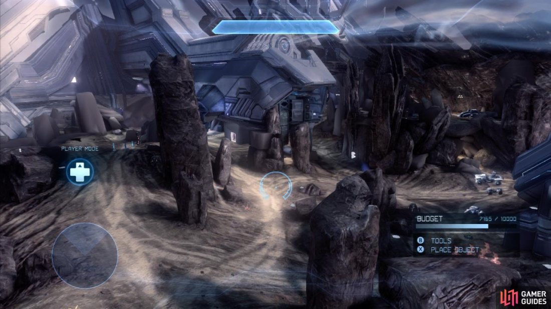 Vortex is one of the largest of Halo 4’s maps and features four structures, a whole lot of open areas and a good number of vehicles scattered about. You will notice that at one side of the map the main building joins with another above the play area and raises into the sky the [Blue Base] is located in a cave here, so we’ll be calling this the blue side. On the opposite side of the map is a standalone structure with open sky and a cliff behind it. This is the [Red Base] and therefore, the Red side of the map.  The centerpiece of Vortex is the large Wind Tunnel Building [Wind Tunnel] that occupies the center of the zone. The building is elevated and there is a ramp and bridge leading up to it from either side of the map. Beneath the structure are three gravity lifts [wind Trampoline] in the direct center, [Red Trampoline] at the edge of the structure in the rocks close to the [Red Base] and [Blue Trampoline] on the opposite side from the Red lift.  Opposite the ramp leading up to the [Wind Tunnel] you will find a standalone building we’ll call [Limbo] and on the opposite side of the map from here is a bridge from the [wind Tunnel] leading to a cave [Generator Cave]. [Limbo] has a gravity lift allowing access from the lower area. Both of these locations have vehicles for use.  From the [Generator Cave] and [Limbo], you will be able to cruise around the very outside of the map through cave systems and paths between rocks to access both the [Red Base] and the [Blue Base]. Between the [Generator cave] and the [Red Base] you will find a raised platform with a turret.  The [Red Base] and [Blue Base] both feature indoor areas with a number of vehicles outside. From the front of each of these you will find a diagonal jump pad [Red Lift] and [Blue Lift] which will deposit you on the second floor of the [Wind Tunnel].  In the open areas between the [Wind Tunnel] and the other structures are several raised areas that give a nice vantage point over the map and plenty of rocks to hide behind. Directly between the [Generator Cave] and the [Red Base] is a large rocky dune we’ll identify as [Dunes] that has tunnels leading up and down from the ground level to the ledge. Likewise between the [Limbo] building and the [Red Base] is a large rocky outcrop with another turret on it. Between the [Limbo] building and the [Blue Base] is a stone arch with a turret [Near Gate] overlooking the area below. Directly beneath this is a tunnel leading from this ledge to the lower section of the map below.  The tactically important areas are: [Red Base], [Blue Base], [Wind Tunnel], [Red Trampoline], [Blue Trampoline], [Wind Trampoline], [Limbo], [Generator Cave], [Red Lift], [Blue Lift], [Dunes], [Near Gate].