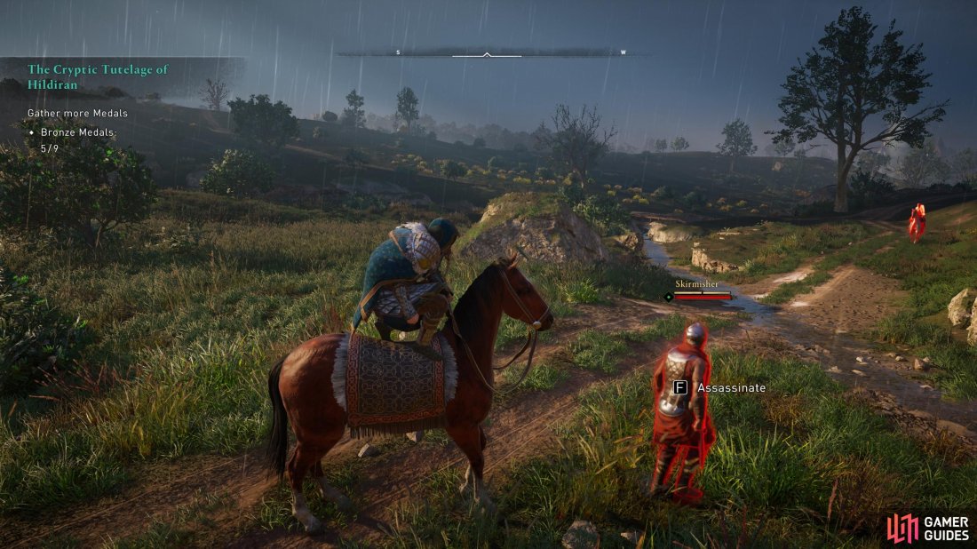 You’ll need to crouch on your horse before you can assassinate an enemy from it.