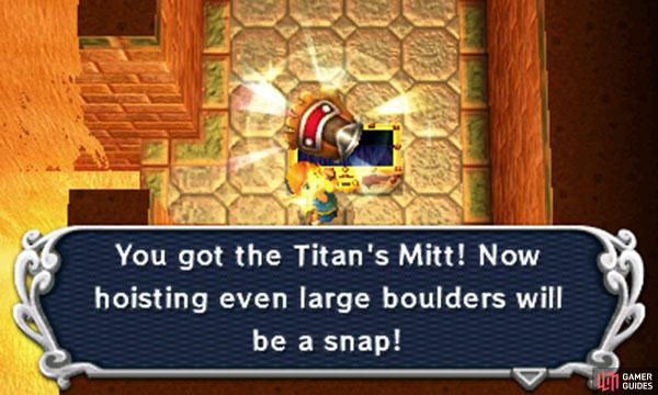 Next, cast the Sand Rod left, then merge and walk all the way right to reach the big chest and claim the Titans Mitts inside. With this awesome glove, Link can now lift giant rocks. Head back to the entrance of this room and return to the previous room (1F west).