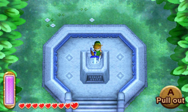 Triumph the Poes challenge and youll emerge into a quiet clearing. Go ahead to find the pedestal with the Master Sword; walk up the stairs and around the back of the Master Sword. Then press A and Link will pull out the Master Sword.