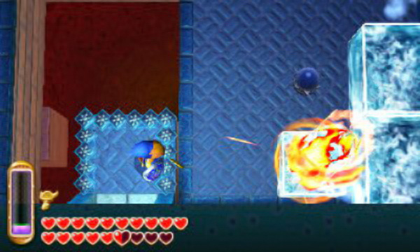Point your Fire Rod diagonally top-right, then let loose a fireball, melting most of the ice cubes below and revealing a round switch. If youre feeling skilled, chuck a bomb diagonally top-right to trigger the round switch from here; otherwise, you can hit the switch when come back around to this room again.