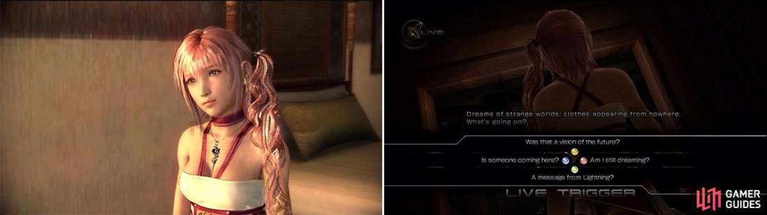 The younger Farron sister, Serah has a much larger role in this game than the previous one (left). One of the many Live Triggers, these offer different dialogue scenes depending on your choices (right).