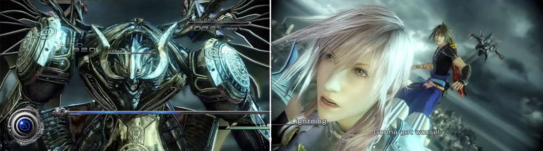Lightning faces off versus Bahamut. Since this is the first battle, it isnt terribly difficult but you must still be careful not to get carried away (left). Bahamut gets a little stronger this next time so be ready (right).
