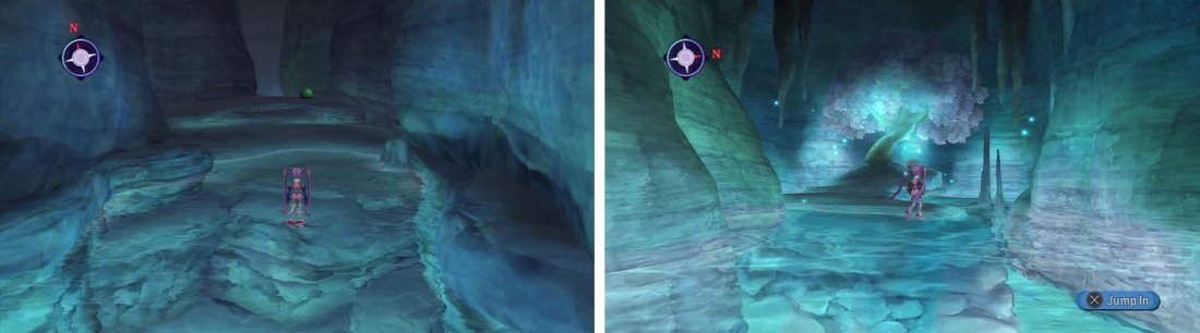 At the split above, turn left and hop into the water to find the Glintsoul Colony discovery.