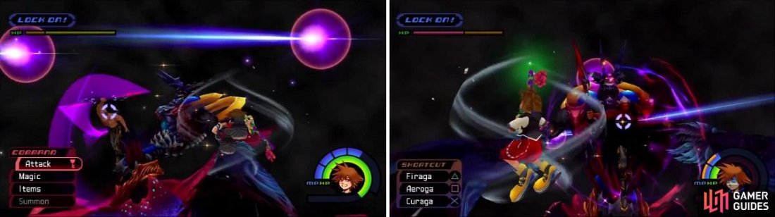 Ansem swings at the air with his Soul Eater while lasers fire at Sora (left). The purple and red sphere (right) is a signal that Ansem is summoning Bit Snipers.