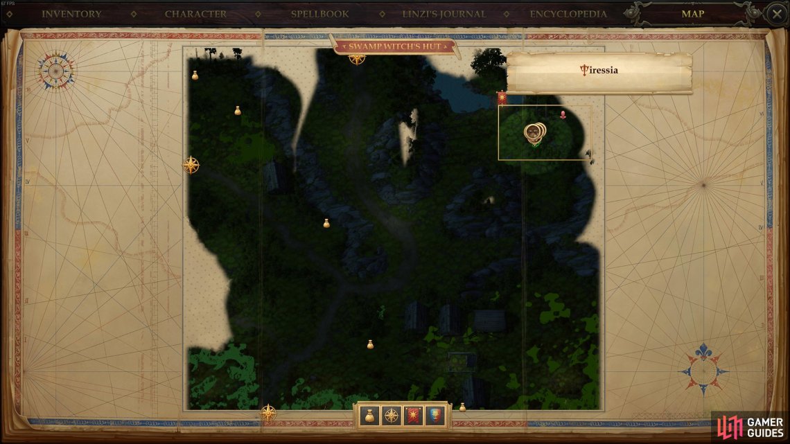 The location of the bushes in Swamp Witch’s Hut, where you’ll find the [Athletics] check.