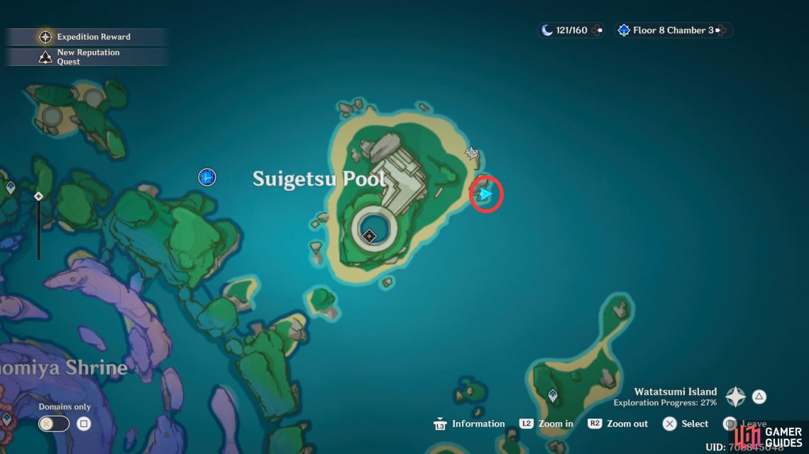 The Suigetsu Pool Fishing Point is located next to the Waverider waypoint, on the east of the small island northeast of Sangonomiya Shrine.