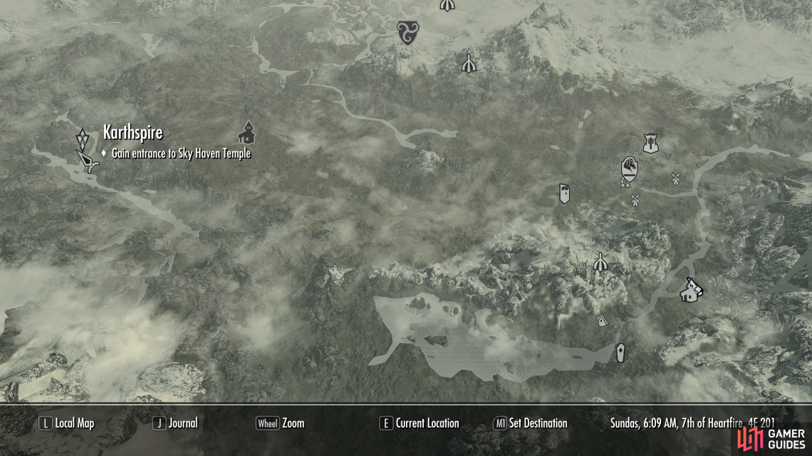 The location of Karthspire in the northwest of Skyrim.