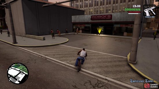 Get on the bike in front of the shop to start the mission