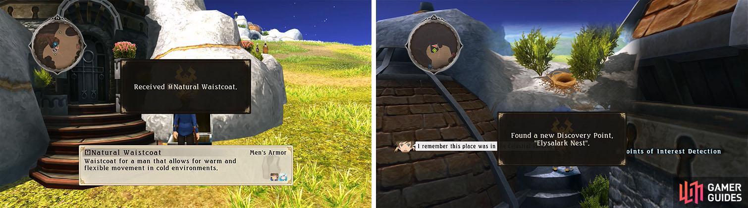 Equip the Natural Waistcoat near Sorey’s House (left) and make sure to check the Elysalark Nest discovery for a skit (right).