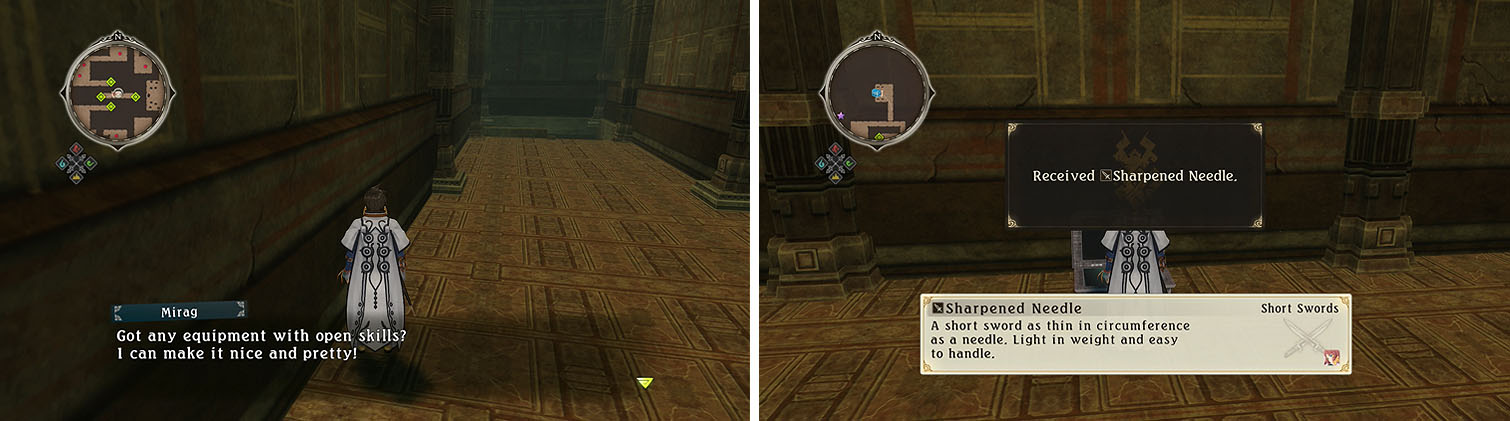 Recruit the Normin Mirag on the way downstairs (left) and then Wind Rush through the bars to the north for two chests (right).