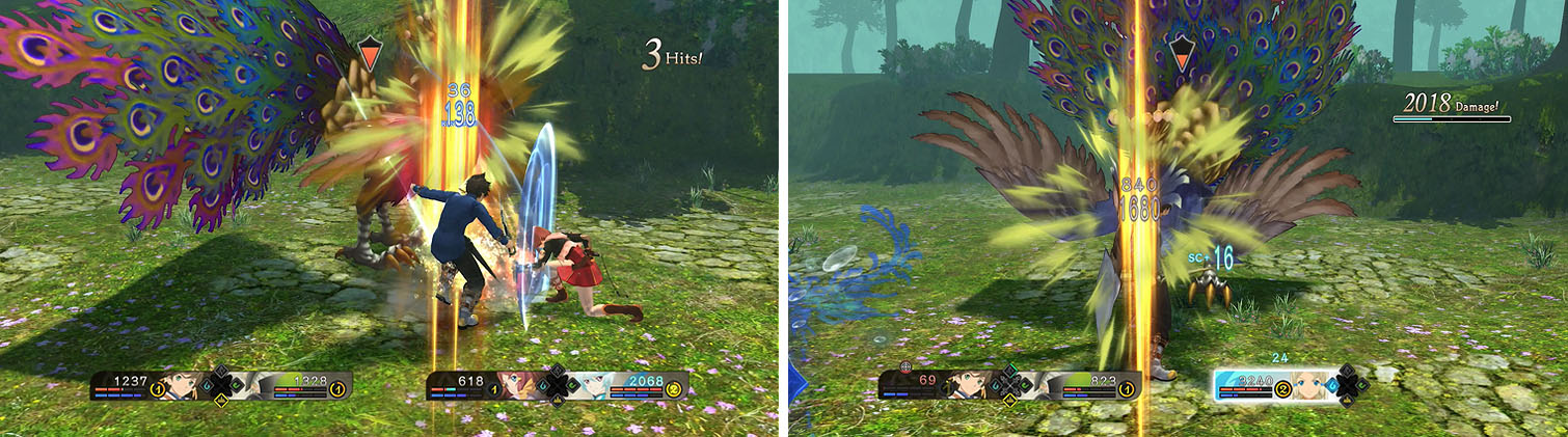 Use Sorey’s martial artes on the Peacock (left), but be careful of its fast and dangerous attacks (right).