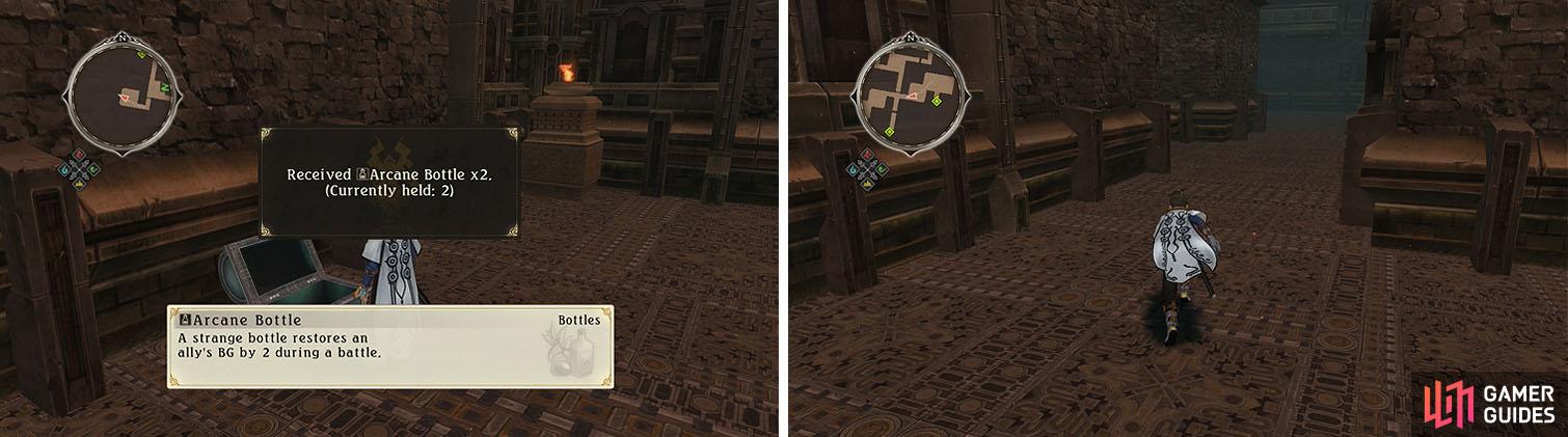 The west path leads to some Arcane Bottles (left) before linking up with the other path downstairs (right).