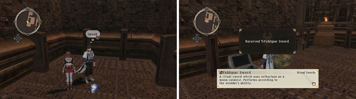 Check the dead end for a Normin and two chests, one with the Feldspar Sword.