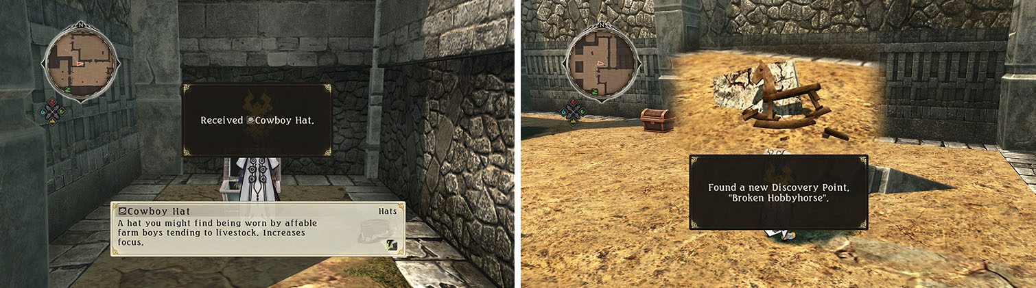 Don’t miss the Cowoy Hat in the southeast corner of the courtyard (left) and the discovery to the north of the door (right).