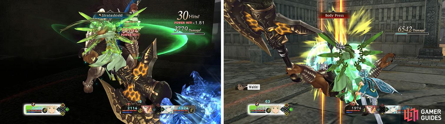 Armatize with Dezel to exploit the boss’ weakness (left) while avoiding his attacks, including Body Press (right).