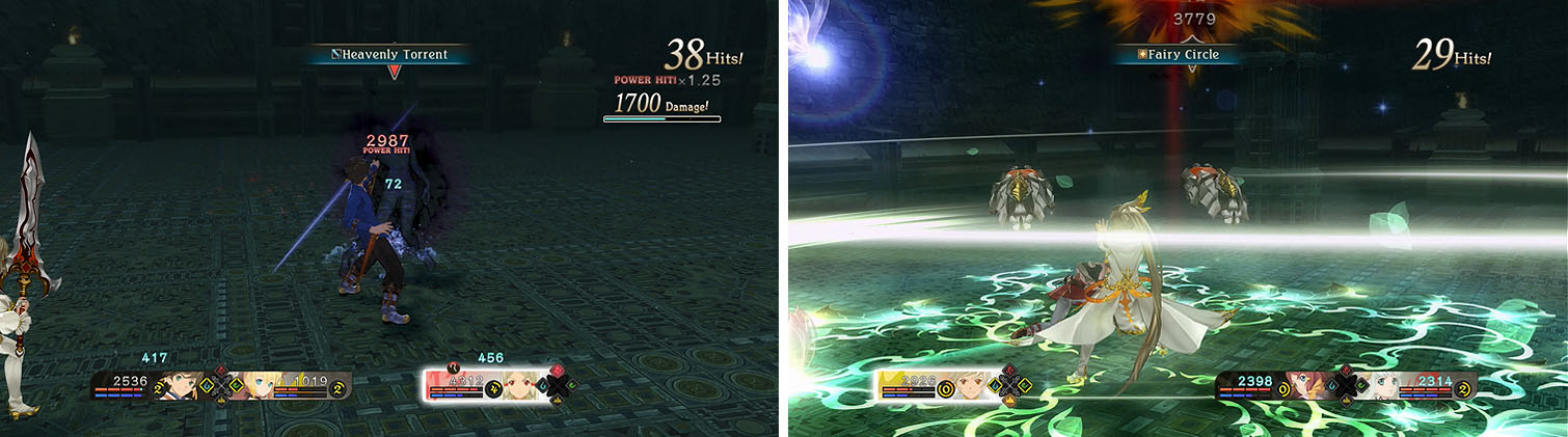 Focus on attacking the Naught’s weakness (left) and back up to heal with the Blast Gauge if needed (right).