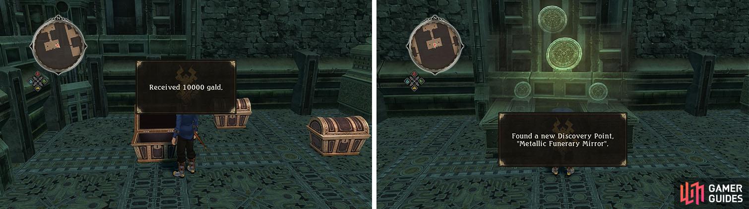 With the Gold Key you can now collect all the gold chests to the south of the save (left). Don’t miss the discovery and skit as well (right).