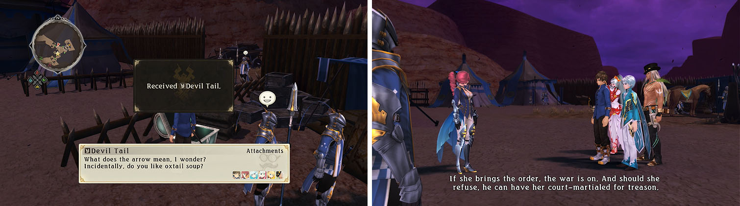 Enter the Hyland camp to collect the silver chest you couldn’t open previously (left) and then speak with Maltran for a scene (right).