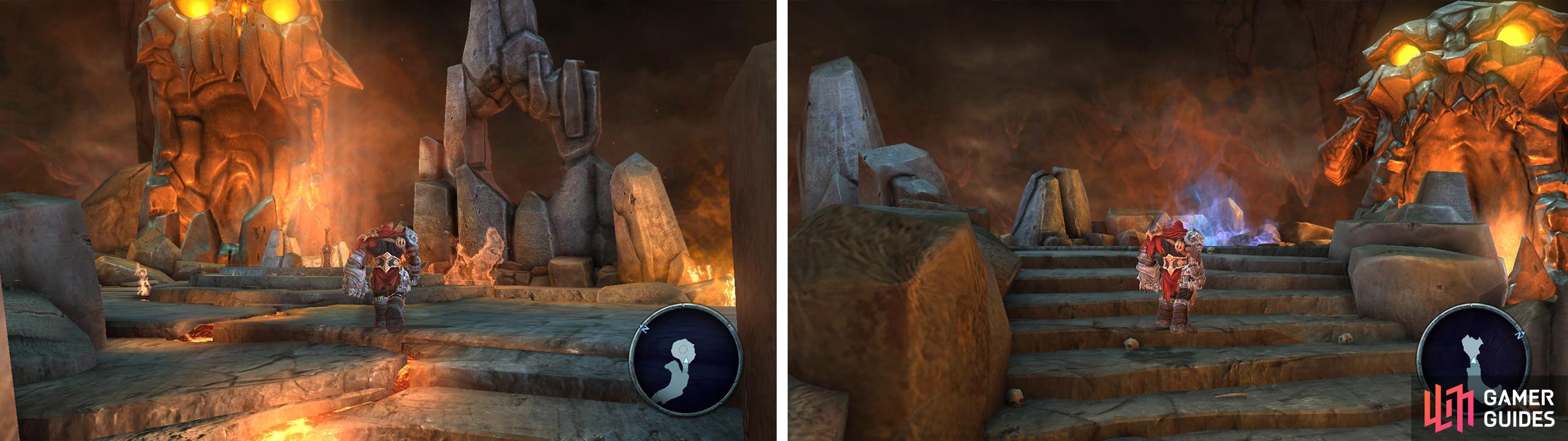 Interact with the sword (left) before entering the portal (right).