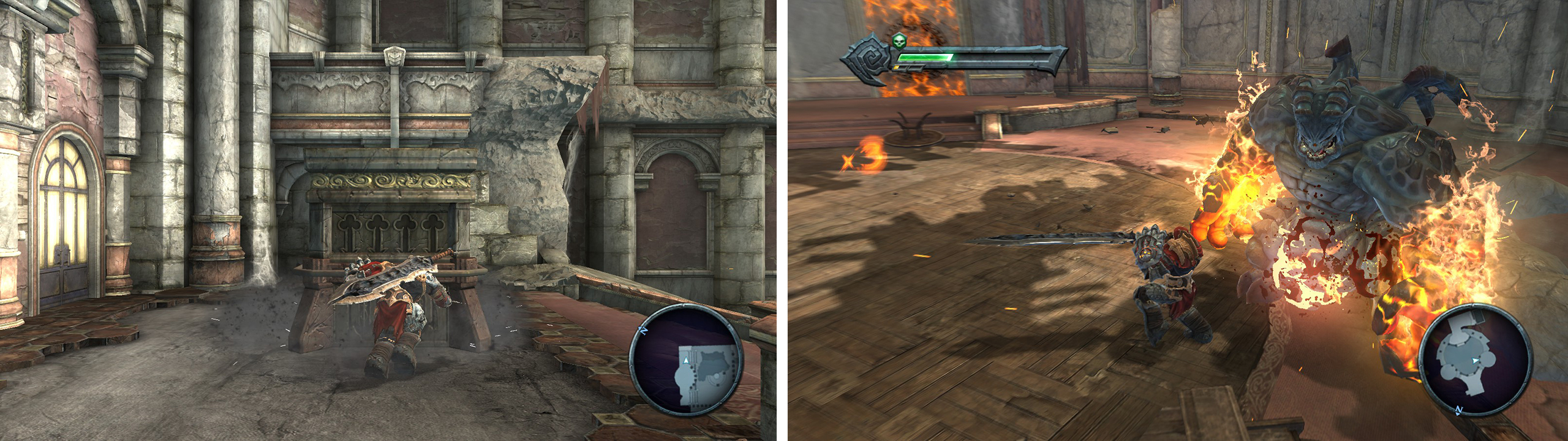 Push the block so that you can access the balcony (left). Keep moving and kill the blue dragon (right).