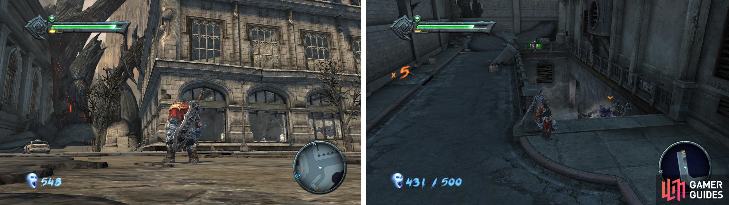 Additional Blue Soul Chests can be found inside the derelict building (left) and down the stairs pictured (right).