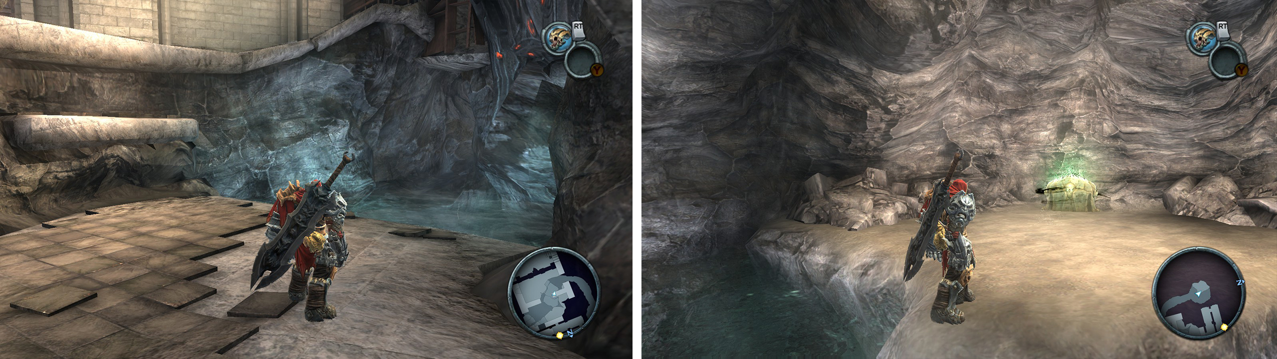 Swim through the pool of water (left) to find a Life Stone Shard (right).