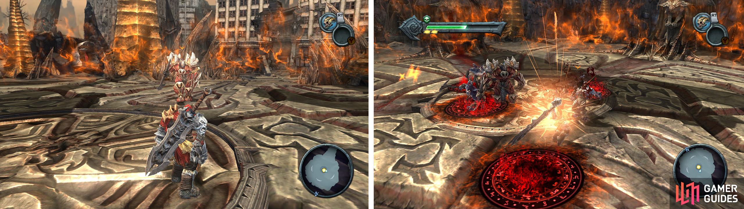 The Phantom general acts like a standard melee enemy (left). Make sure you take care of his summons (right) before refocusing your attack on the boss.
