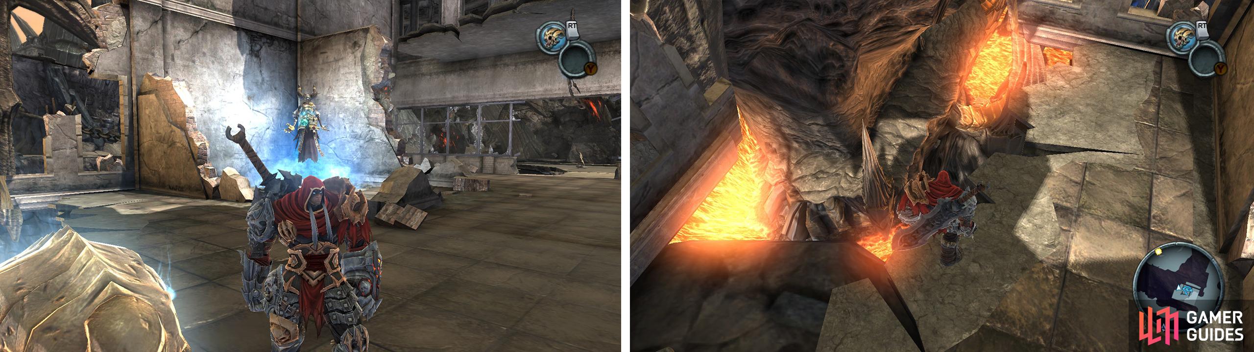 From the Vulgrim Location (Left) find the ruined wall and use shadowflight to glide down to the hidden path below (right).
