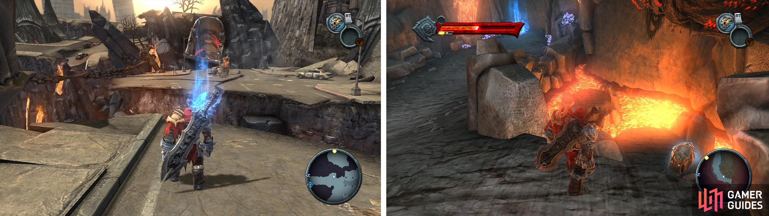 Use shadowflight to cross the gaps here (right). Once in the cave, look down to the right for a Blue Soul Chest (right).