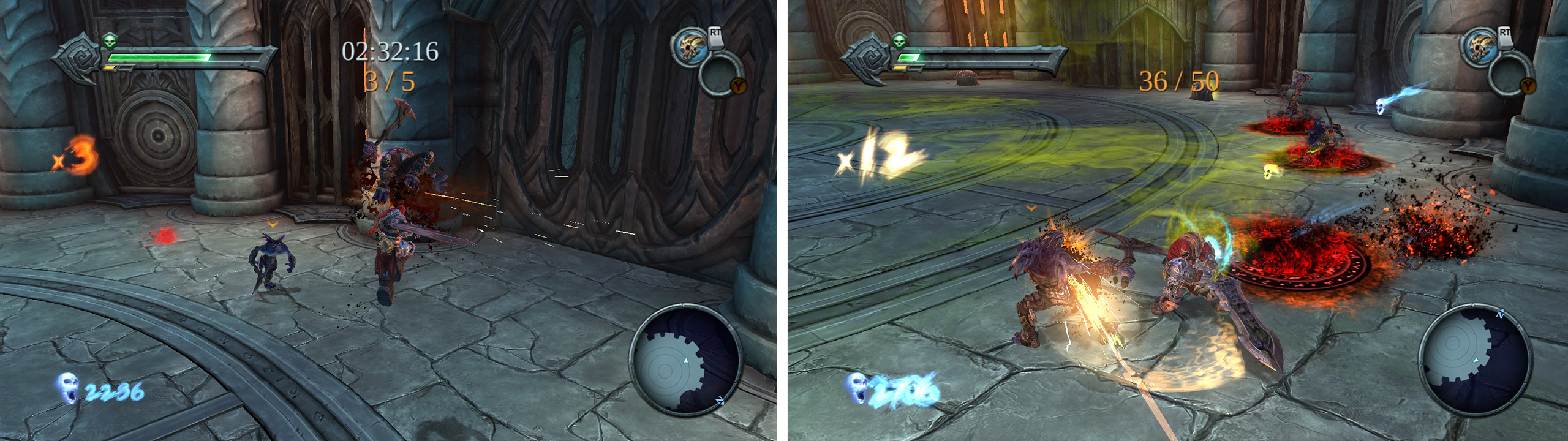 Make sure to launch and juggl enemies during the first challenge (left). Kill enemies as quickly as possible in the second challenge to prevent damage over time killing you (right).
